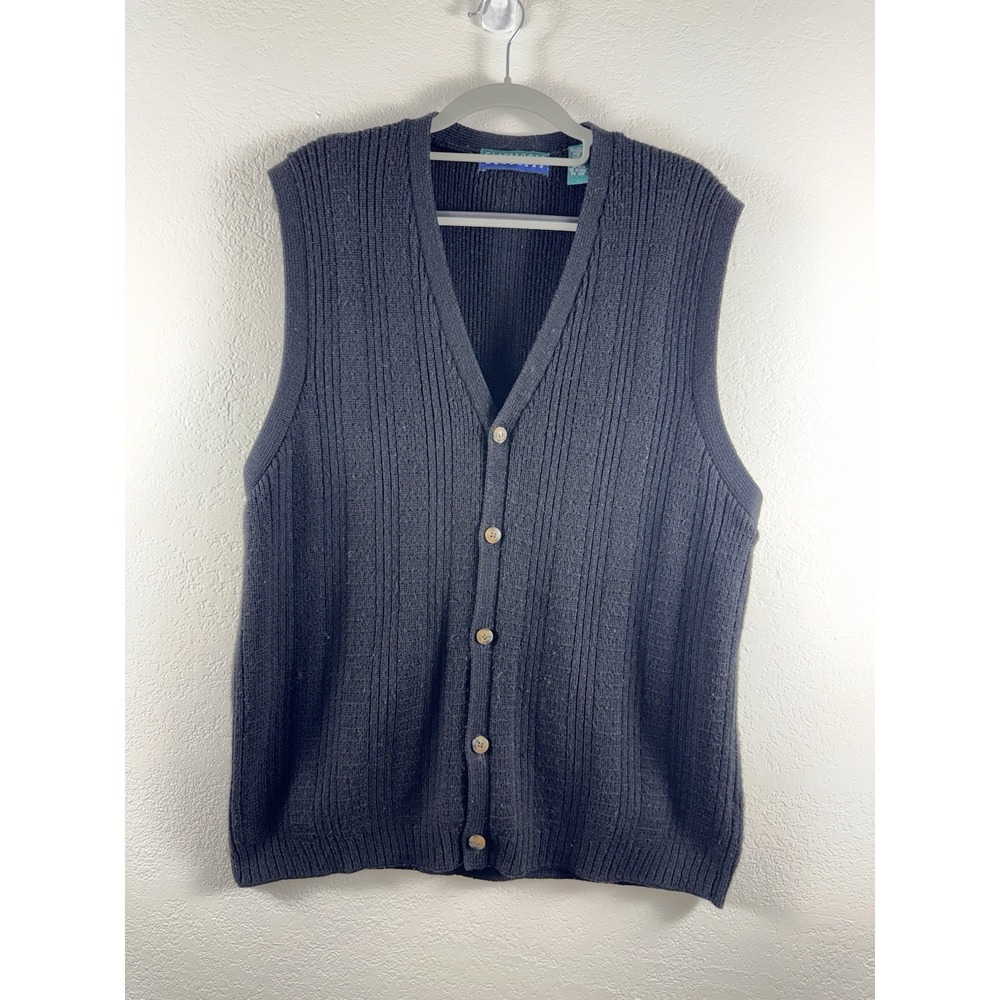 Claybrooke Mens Sweater Vest L Black Ribbed Button Front‎ Acrylic Wool Italy